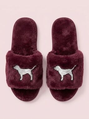 PINK by Victoria's Secret Dog Logo Burgundy Plush Slippers